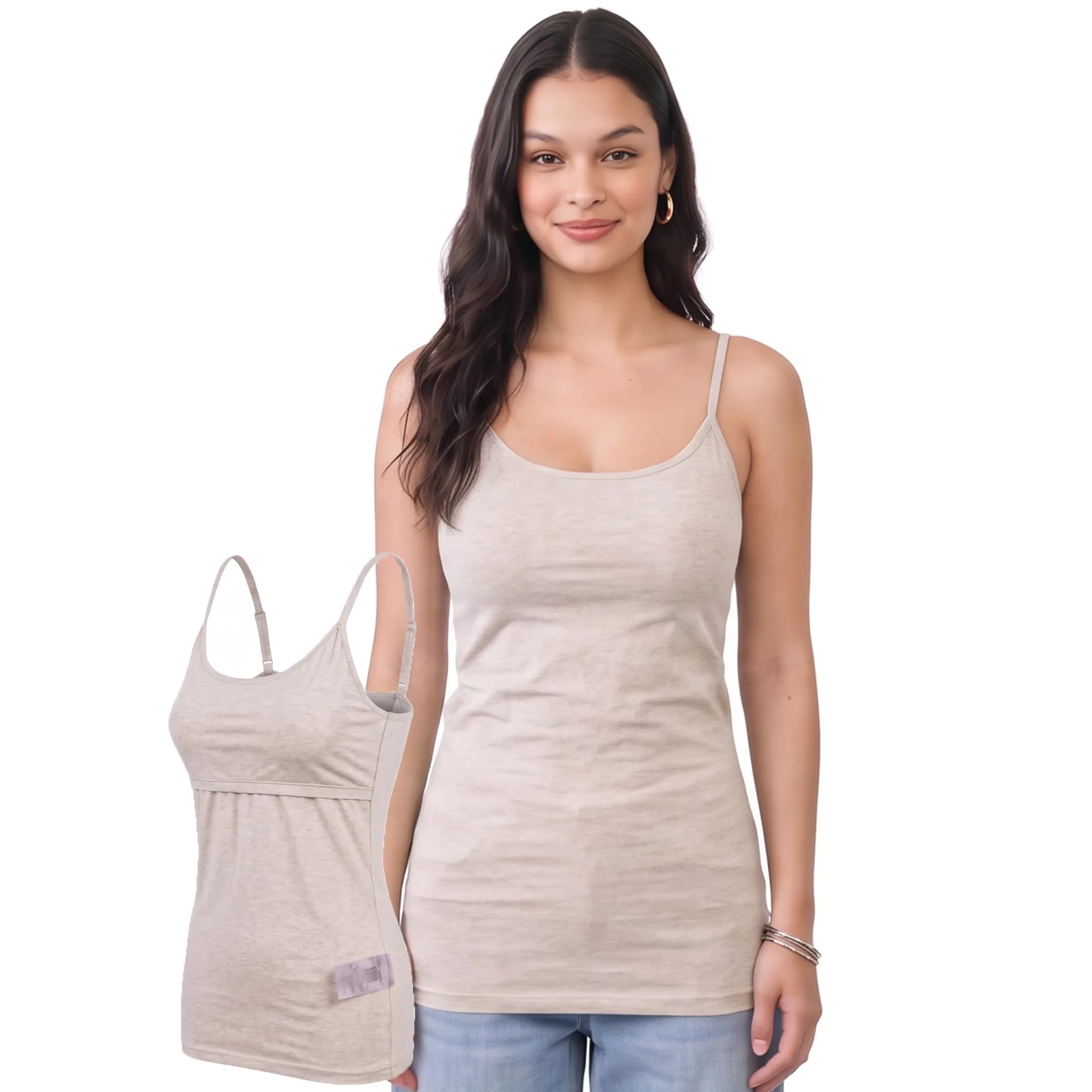 Emmalise Women Camisole Built-in Fabric Bra Wireless Support Long Torso Cami, Mocha Medium | All-Day Comfort & Support — Oat / Large