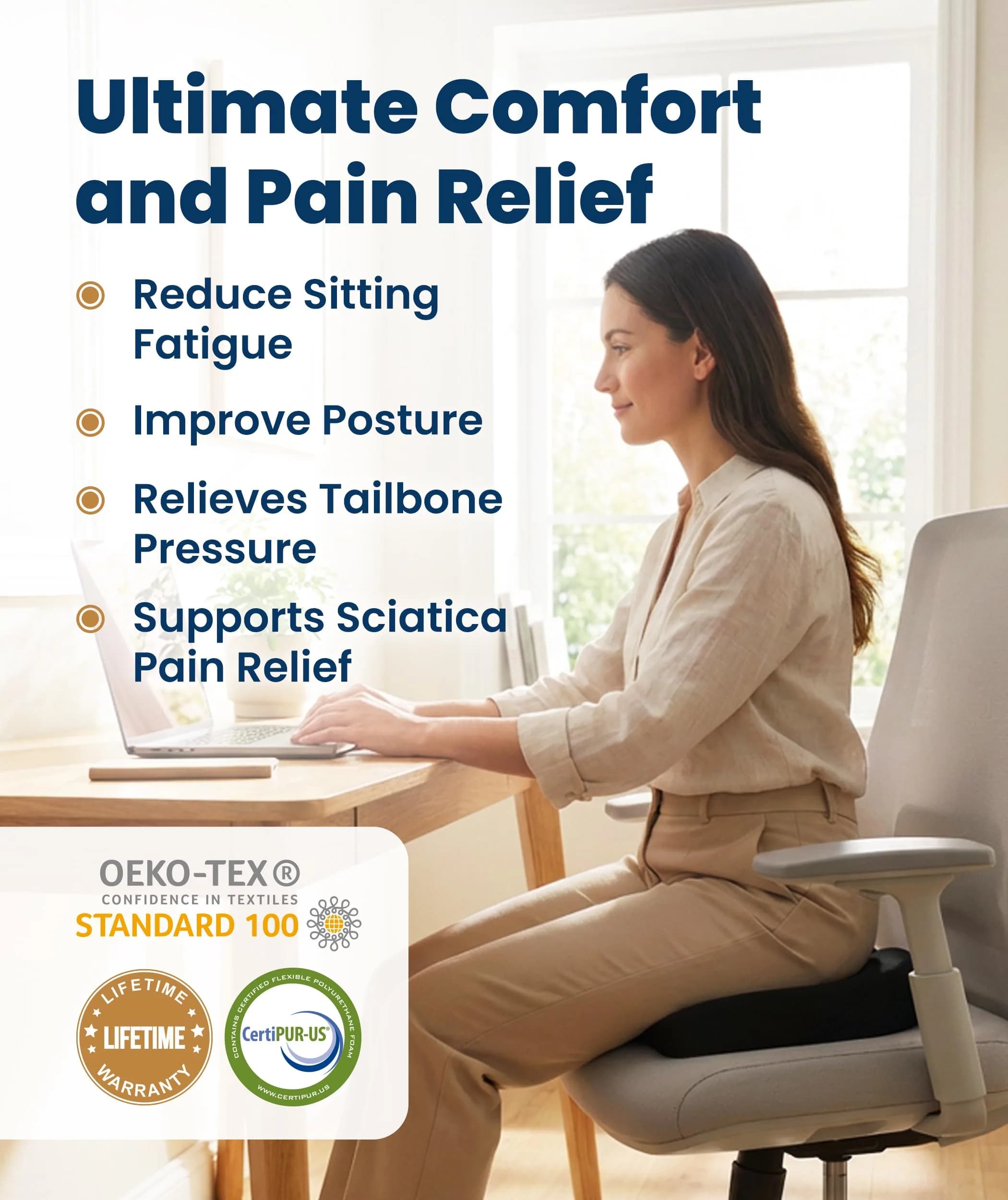 Everlasting Comfort Black Original Memory Foam Seat Cushion - Large U-Shape for Tailbone Pain & Sciatica Relief - view 2