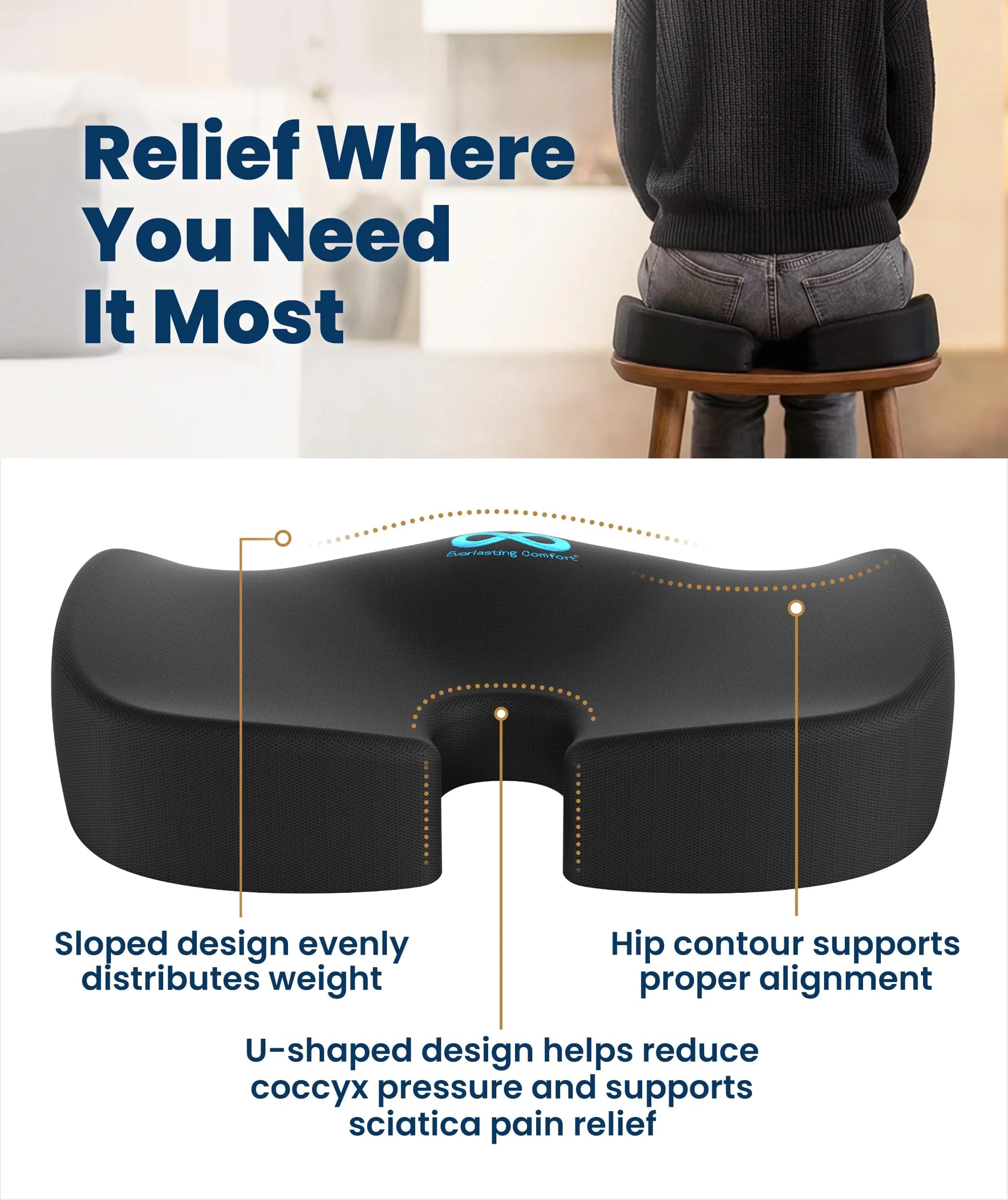 Everlasting Comfort Black Original Memory Foam Seat Cushion - Large U-Shape for Tailbone Pain & Sciatica Relief - view 3