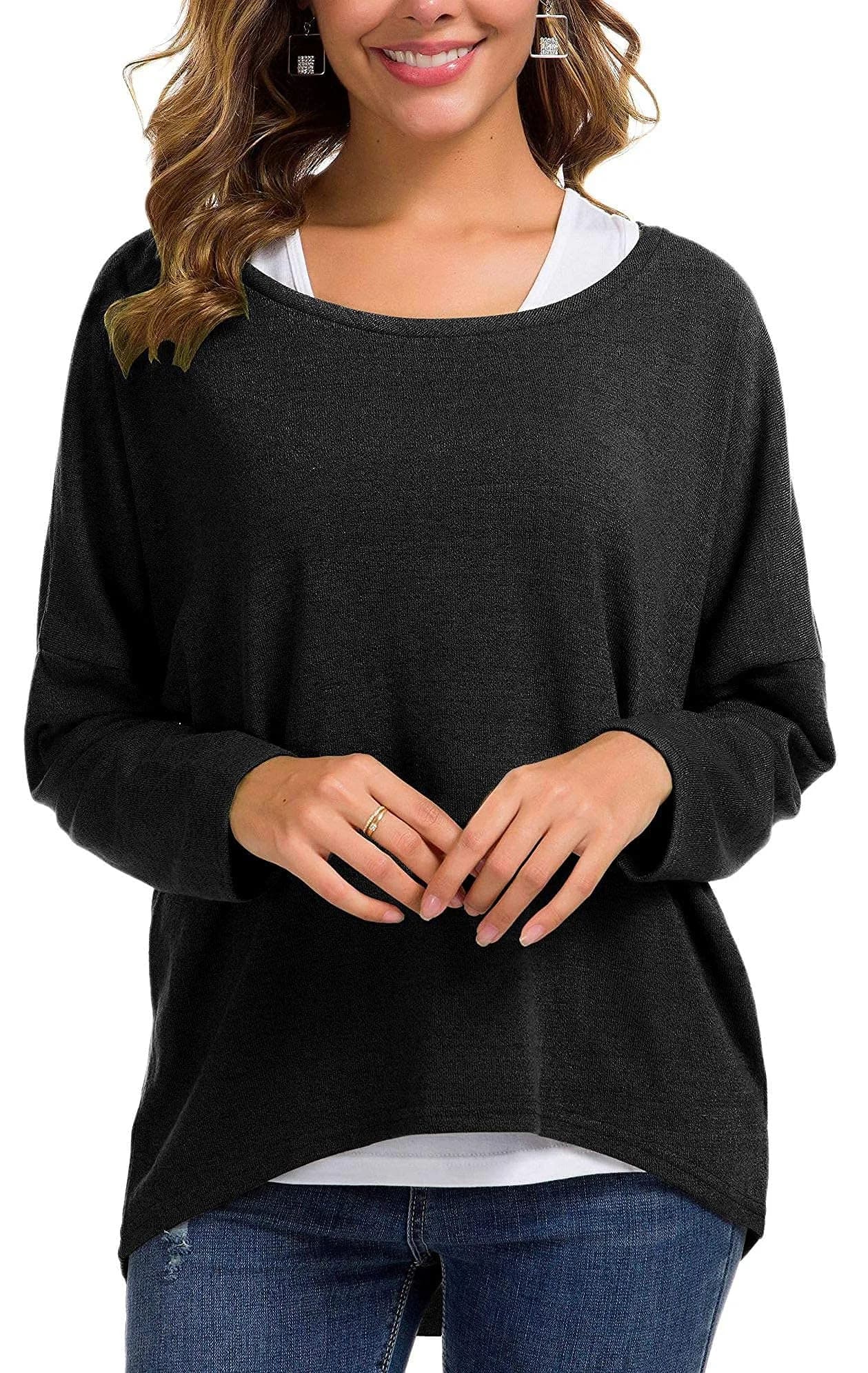 UGET Women's Oversized Baggy Tops Off Shoulder Loose Fitting Pullover Casual Blouse T-Shirt Sweater Long Batwing Sleeve Large Black | Casual oversized sweater for women
