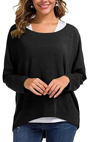 UGET Women's Oversized Baggy Tops Off Shoulder Loose Fitting Pullover Casual Blouse T-Shirt Sweater Long Batwing Sleeve Large Black | Casual oversized sweater for women thumbnail 1