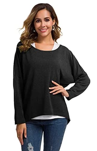 UGET Women's Oversized Baggy Tops Off Shoulder Loose Fitting Pullover Casual Blouse T-Shirt Sweater Long Batwing Sleeve Large Black | Casual oversized sweater for women thumbnail 4