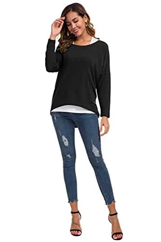 UGET Women's Oversized Baggy Tops Off Shoulder Loose Fitting Pullover Casual Blouse T-Shirt Sweater Long Batwing Sleeve Large Black | Casual oversized sweater for women thumbnail 5