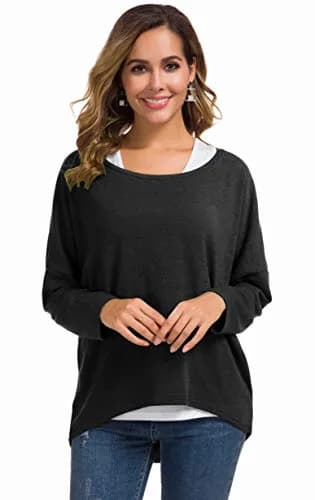 UGET Women's Oversized Baggy Tops Off Shoulder Loose Fitting Pullover Casual Blouse T-Shirt Sweater Long Batwing Sleeve Large Black | Casual oversized sweater for women thumbnail 2