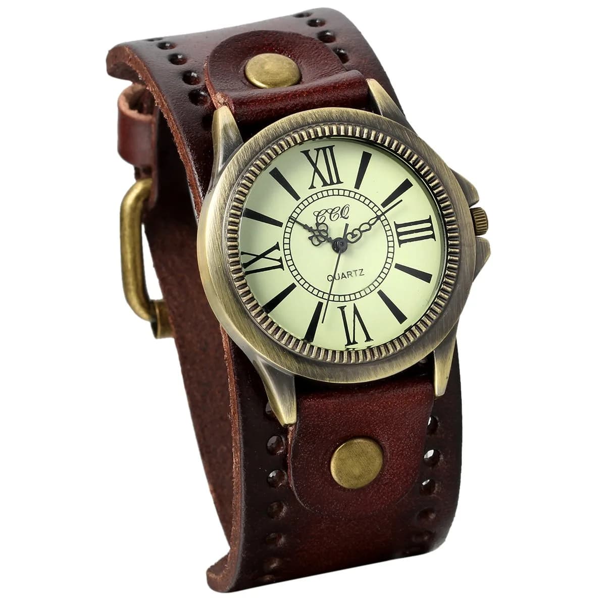 JewelryWe Vintage Leather Cuff Watch Punk Analog Quartz Wristwatch | Retro Style, Adjustable Fit, Water-Resistant — roman numerals brown