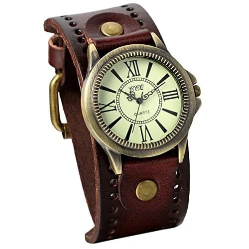 JewelryWe Vintage Leather Cuff Watch Punk Analog Quartz Wristwatch | Retro Style, Adjustable Fit, Water-Resistant thumbnail 1