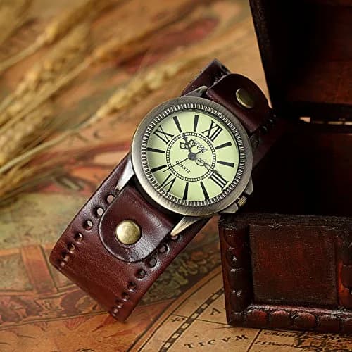 JewelryWe Vintage Leather Cuff Watch Punk Analog Quartz Wristwatch | Retro Style, Adjustable Fit, Water-Resistant thumbnail 4