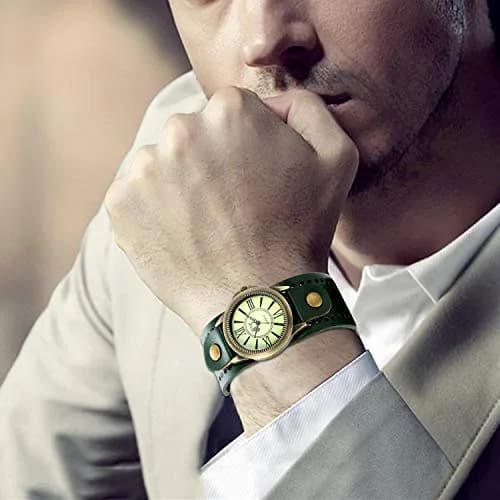 JewelryWe Vintage Leather Cuff Watch Punk Analog Quartz Wristwatch | Retro Style, Adjustable Fit, Daily Water Resistance thumbnail 2