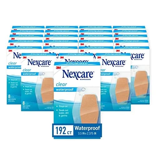 Nexcare Waterproof Clear Bandages for Knee and Elbow, 192 Count (24 Packs of 8) | Stays On in Water, Protects Wounds thumbnail 1