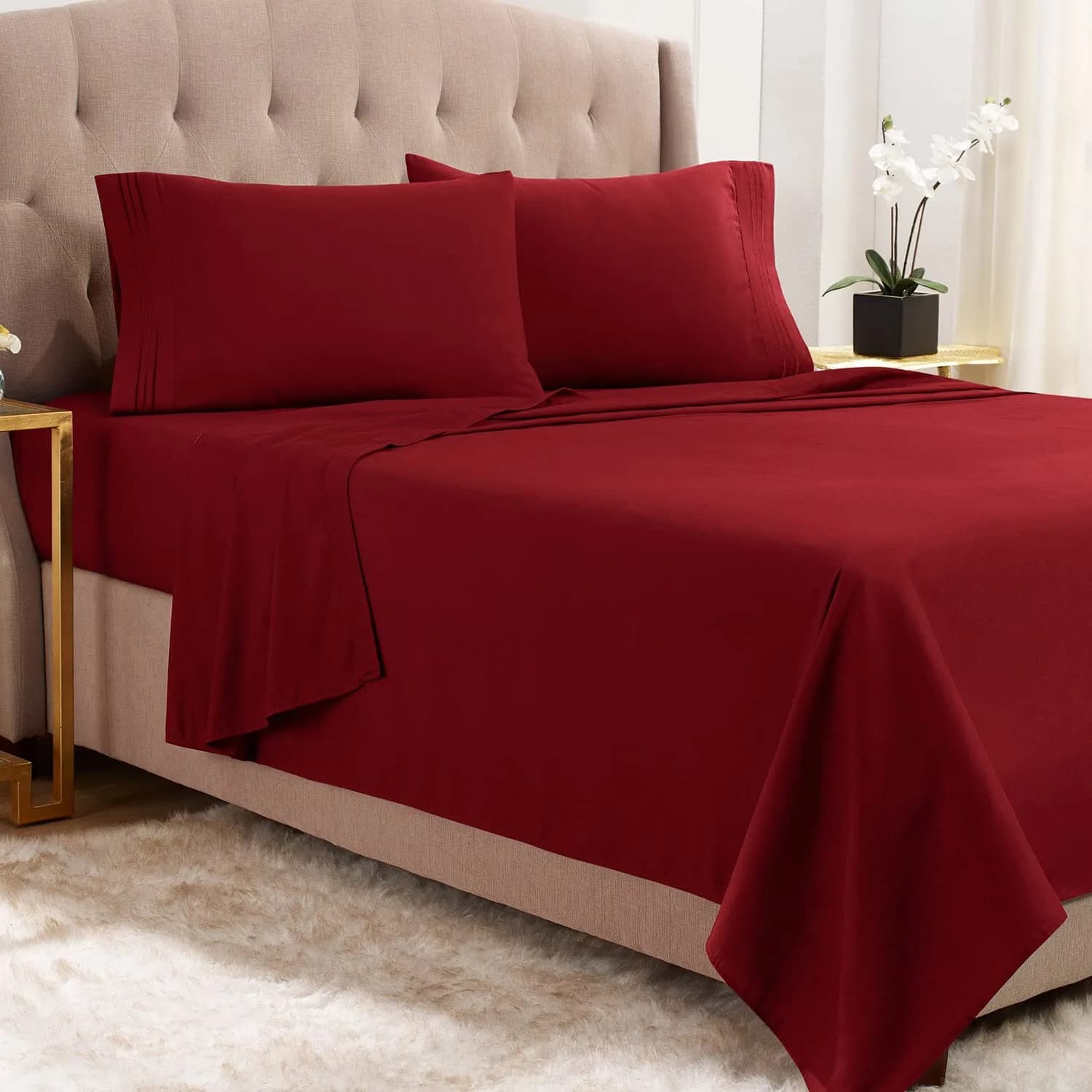 Empyrean Bedding Queen Sheets - Double Brushed Microfiber, Burgundy Red, 4 PC Set, with Corner Straps | Hotel Luxury Feel — Burgundy Red