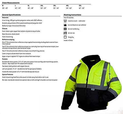 Pyramex Safety RJ3210M Safety Bomber Jacket with Quilted Lining, Hi-Vis Lime, Medium | Class 3/Level 2 Hi-Vis Safety Wear thumbnail 5
