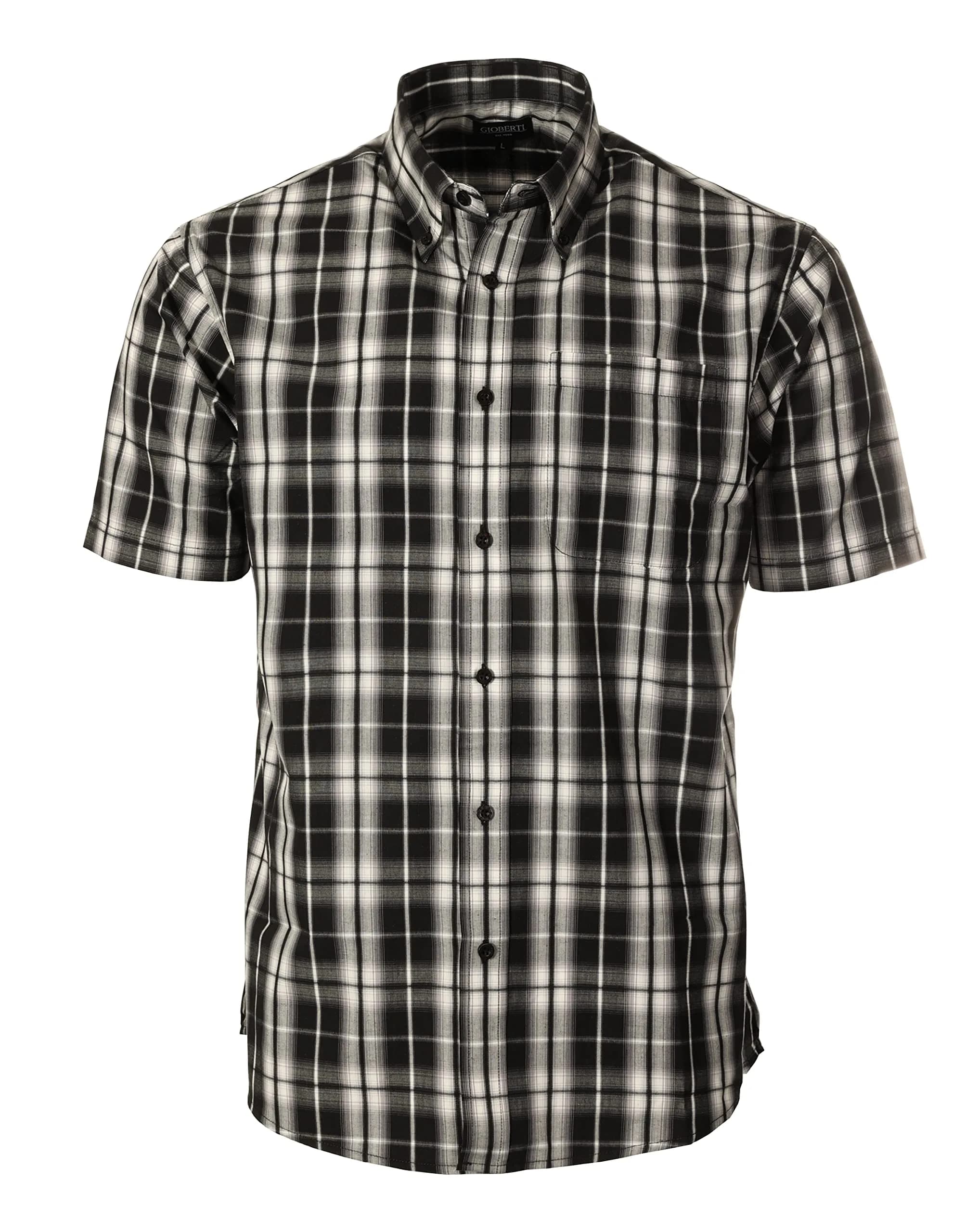 Gioberti Mens Casual Plaid Button Down Short Sleeve Shirt, Black Gradient, Medium | Classic Fit, Cotton Blend
