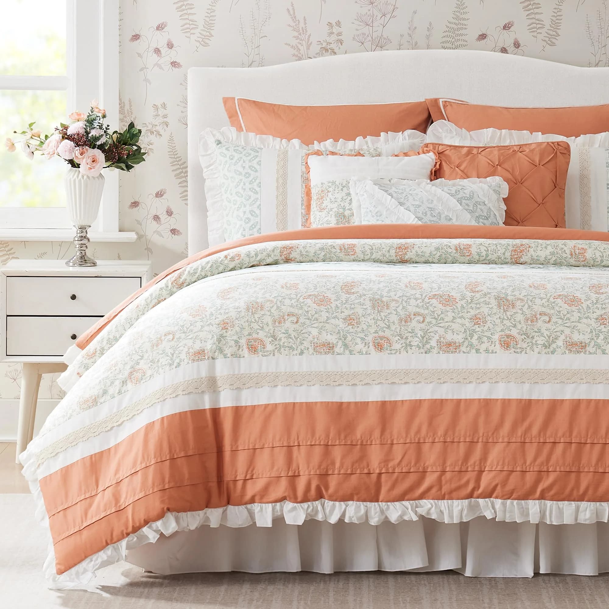 Madison Park Cottage Cotton Comforter Set, 9PC King Bedding Set | Shabby Chic Paisley Design