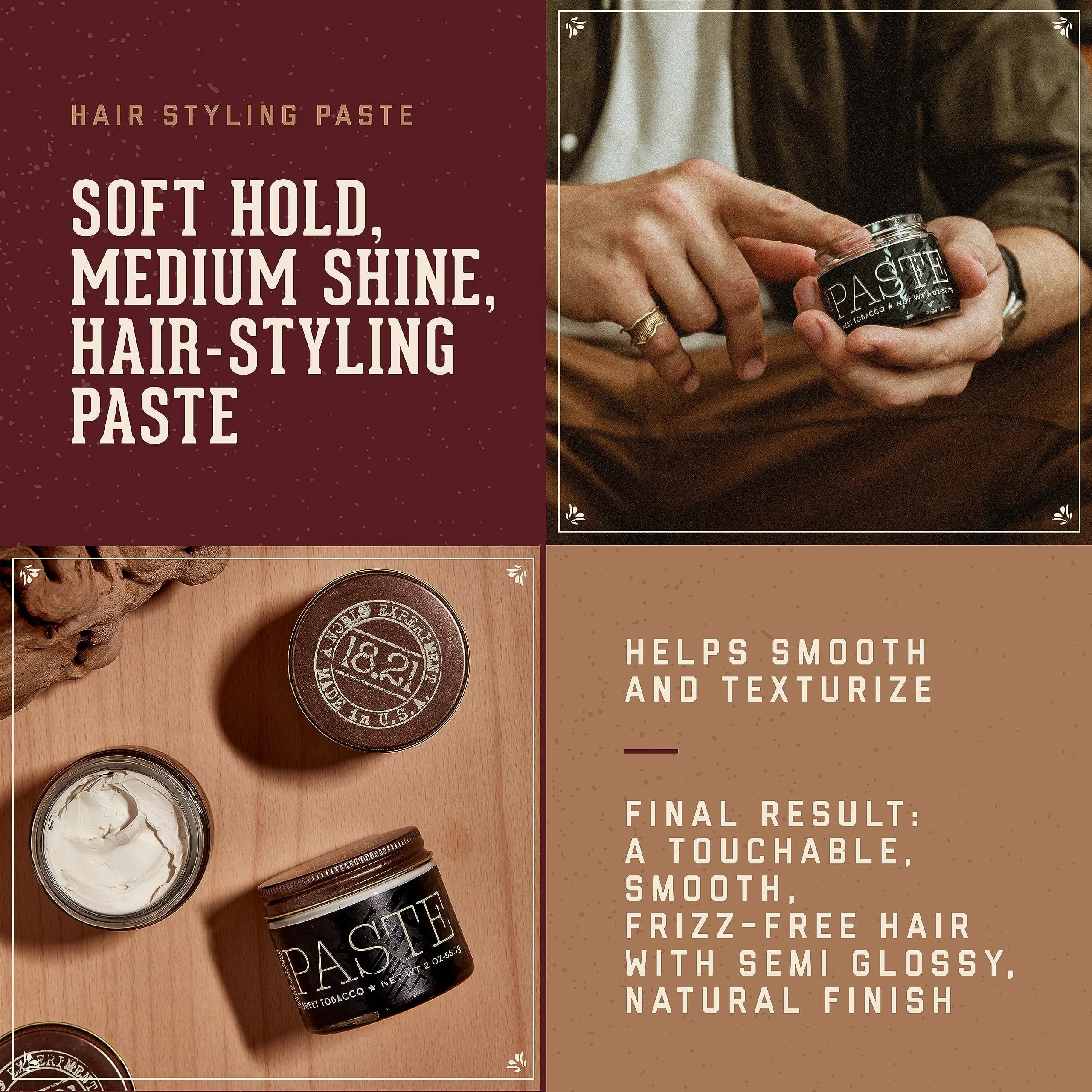 18.21 Man Made Hair Styling Paste 2 oz (59 ml) | Sweet Tobacco Scent, Natural Shine, All-Day Hold - view 2