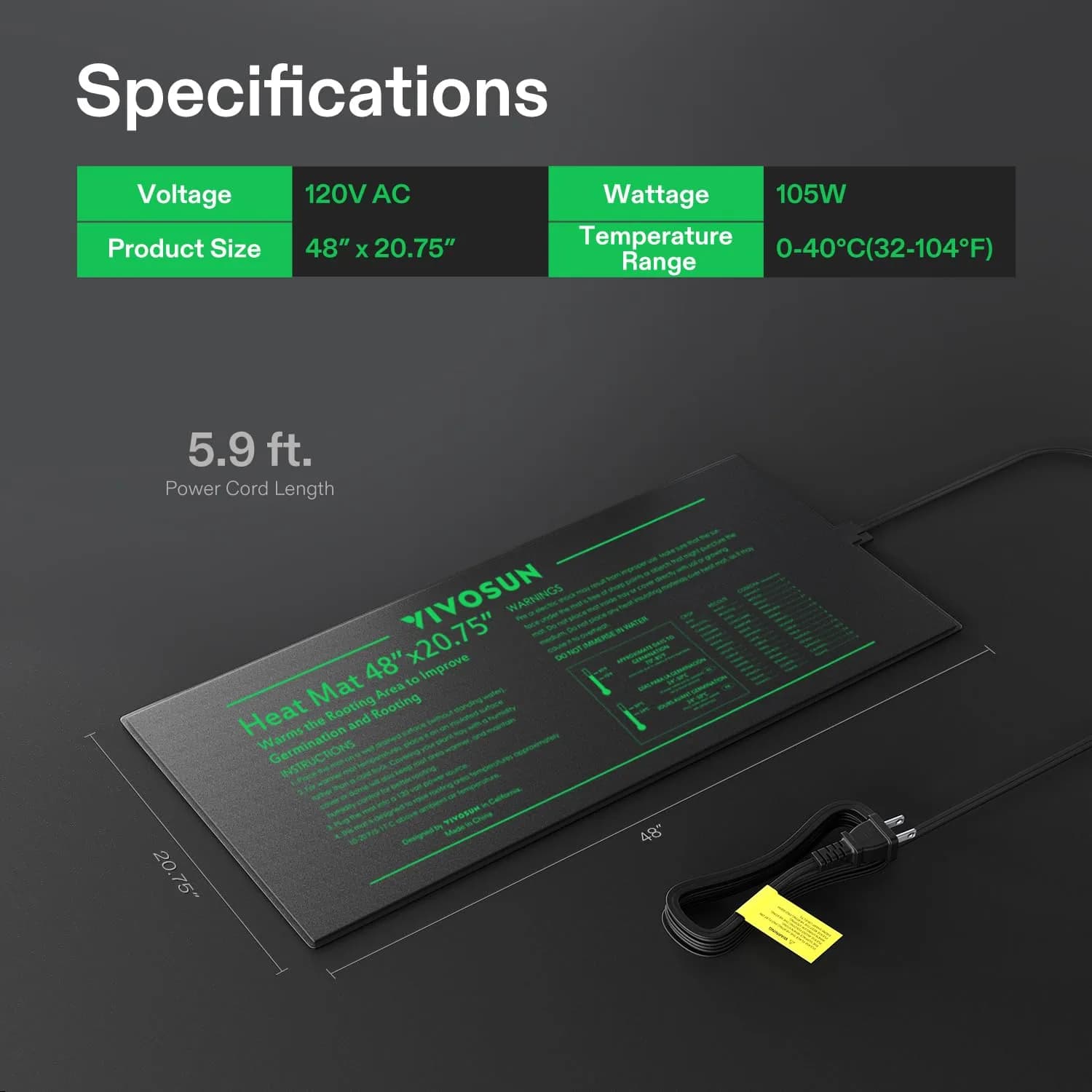 VIVOSUN 48" x 20.75" Waterproof Seedling Heat Mat | Stable & Uniform Heat for Germination - view 7