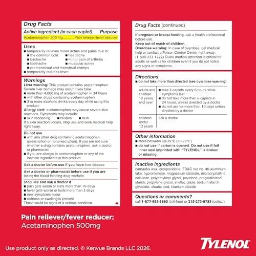 Tylenol Extra Strength Caplets, 500 mg Acetaminophen, 225 Count | Fast Pain Relief & Fever Reduction thumbnail 8