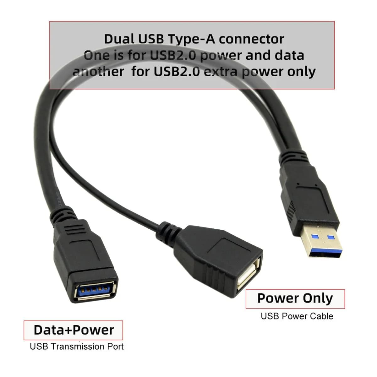 cablecc Dual USB-A 3.0 Female to Male Y Cable 20cm (0.65ft) | Extra Power & Data for External Drives - view 7