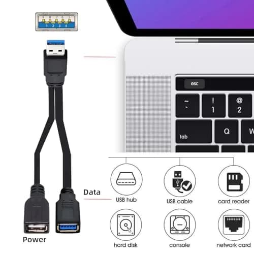 cablecc Dual USB-A 3.0 Female to Male Y Cable 20cm (0.65ft) | Extra Power & Data for External Drives thumbnail 2