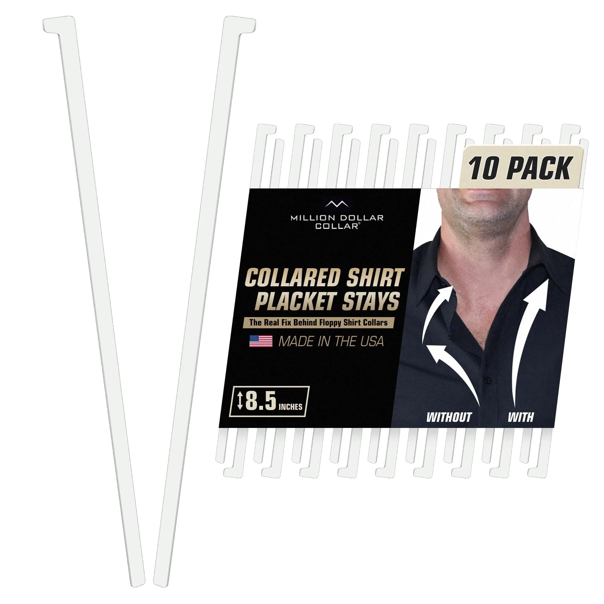 Million Dollar Collar Placket Stays 10-Pack White | Crisp Collar Support for Men & Women Dress Shirts - main product image