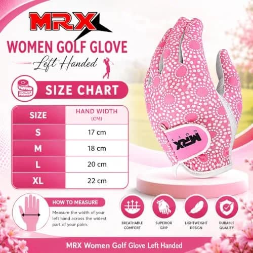 MRX BOXING & FITNESS Women's Golf Glove Left Handed Pink Regular Fit | Sweat Resistant Cabretta Leather thumbnail 2