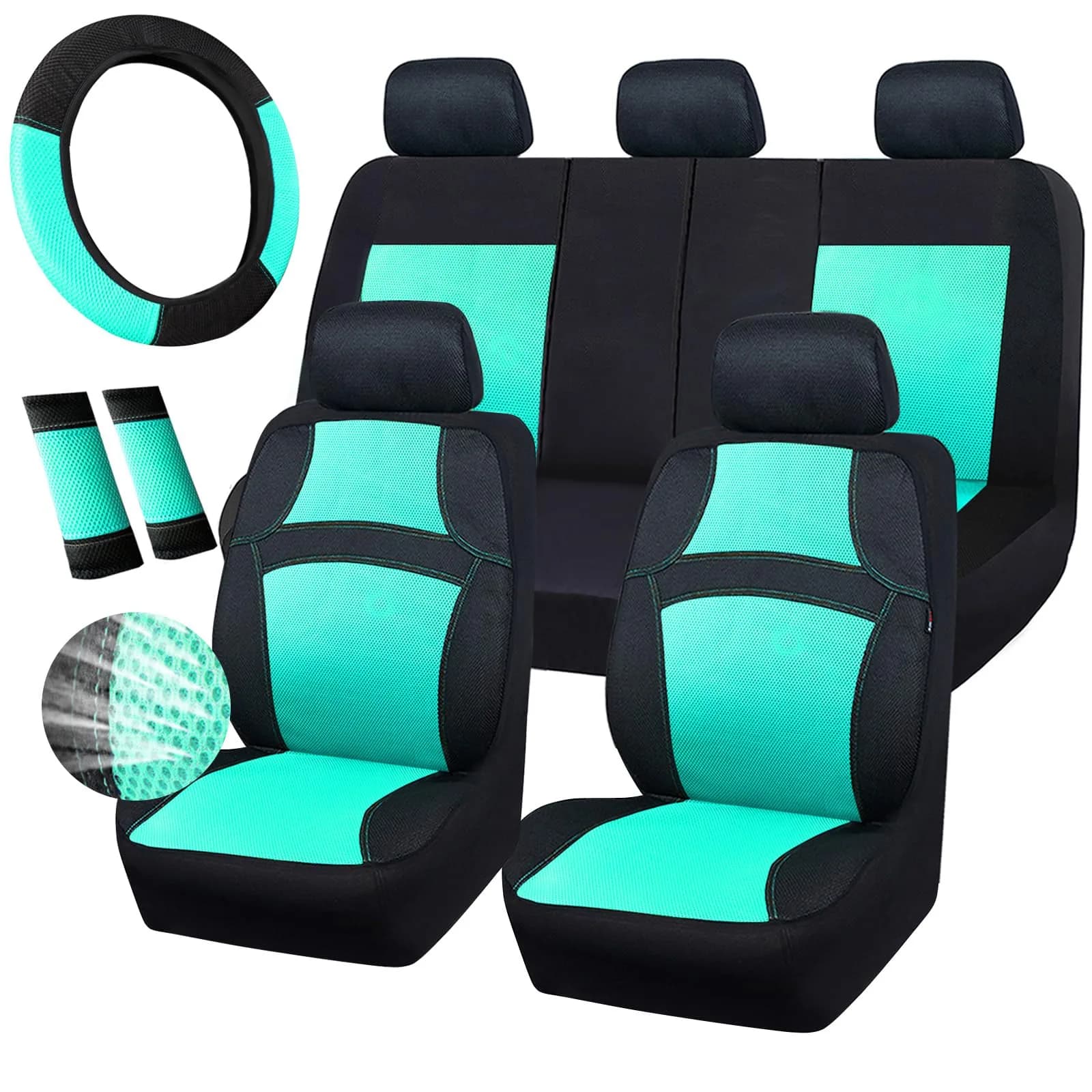 CAR PASS 3D Air Mesh Seat Covers Full Set | Breathable, Airbag Compatible, Universal Fit (Full set, Black Mint) - main product image
