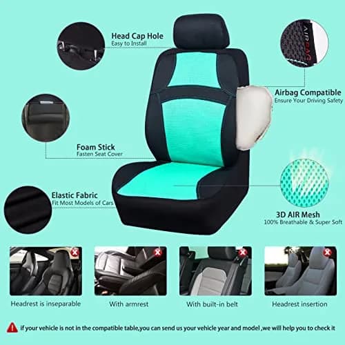 CAR PASS 3D Air Mesh Seat Covers Full Set | Breathable, Airbag Compatible, Universal Fit (Full set, Black Mint) thumbnail 3