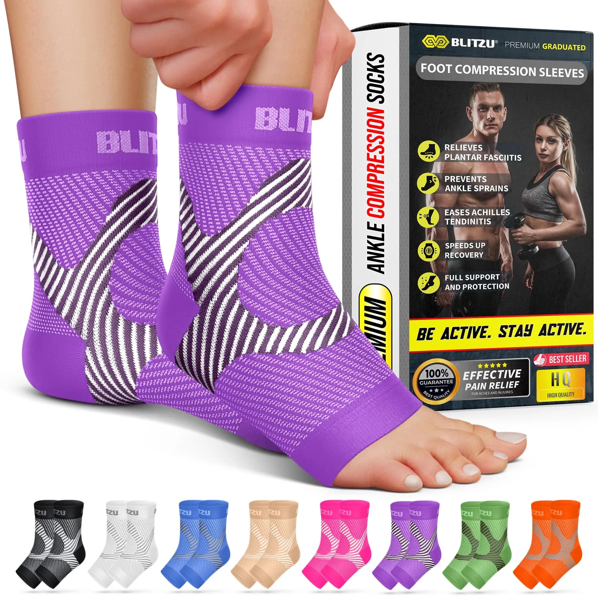 BLITZU Compression Socks for Plantar Fasciitis, Foot, Arch & Ankle Support, Large/X-Large (1 Pair) | FDA Approved Medical Grade Support - main product image