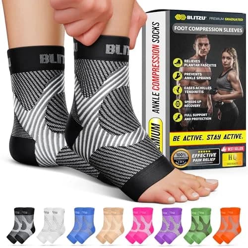 BLITZU Compression Socks for Plantar Fasciitis, Foot, Arch & Ankle Support (1 Pair, Black) thumbnail 1