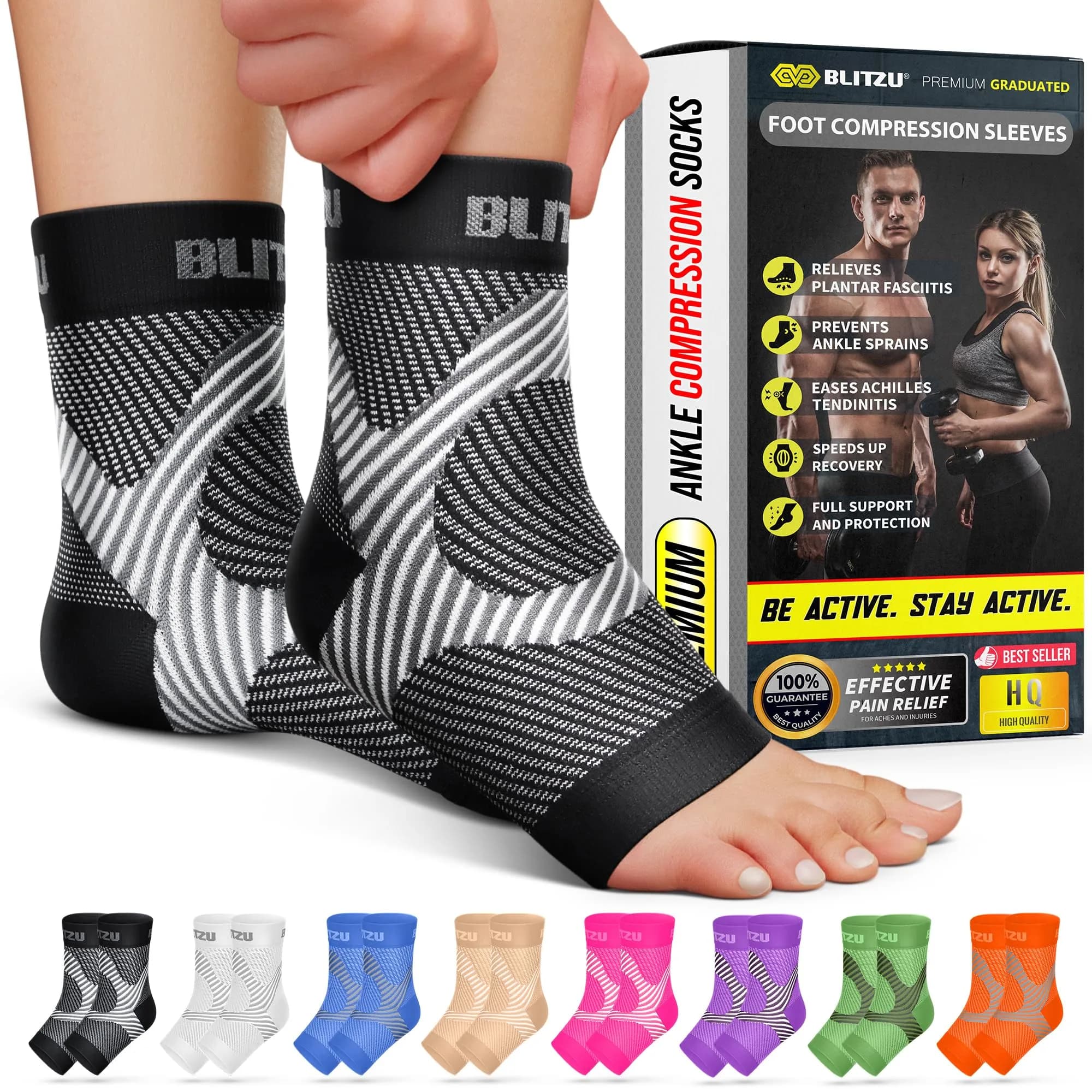 BLITZU Compression Socks for Plantar Fasciitis, Foot, Arch & Ankle Support (1 Pair, Black) - main product image