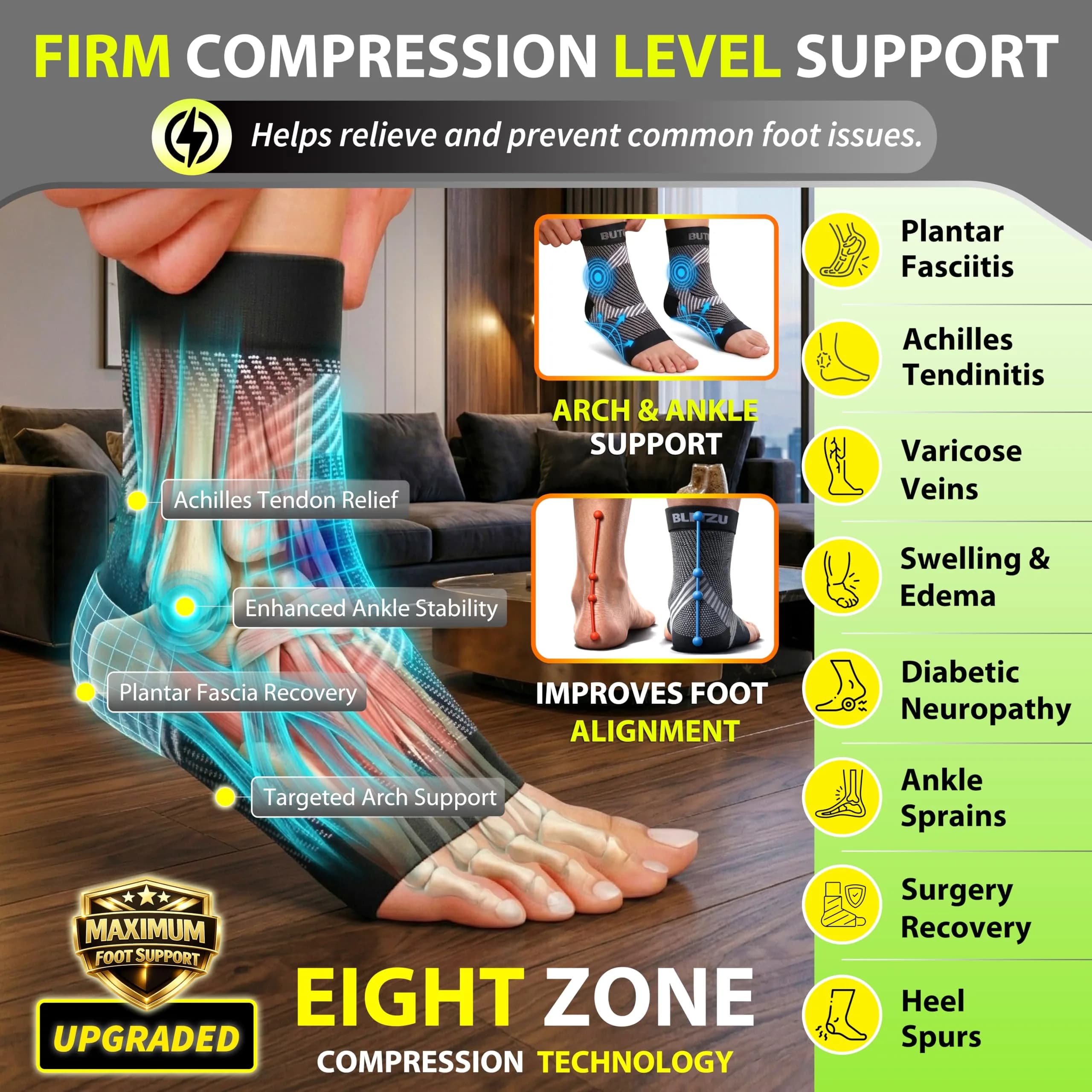 BLITZU Compression Socks for Plantar Fasciitis, Foot, Arch & Ankle Support (1 Pair, Black) - view 2