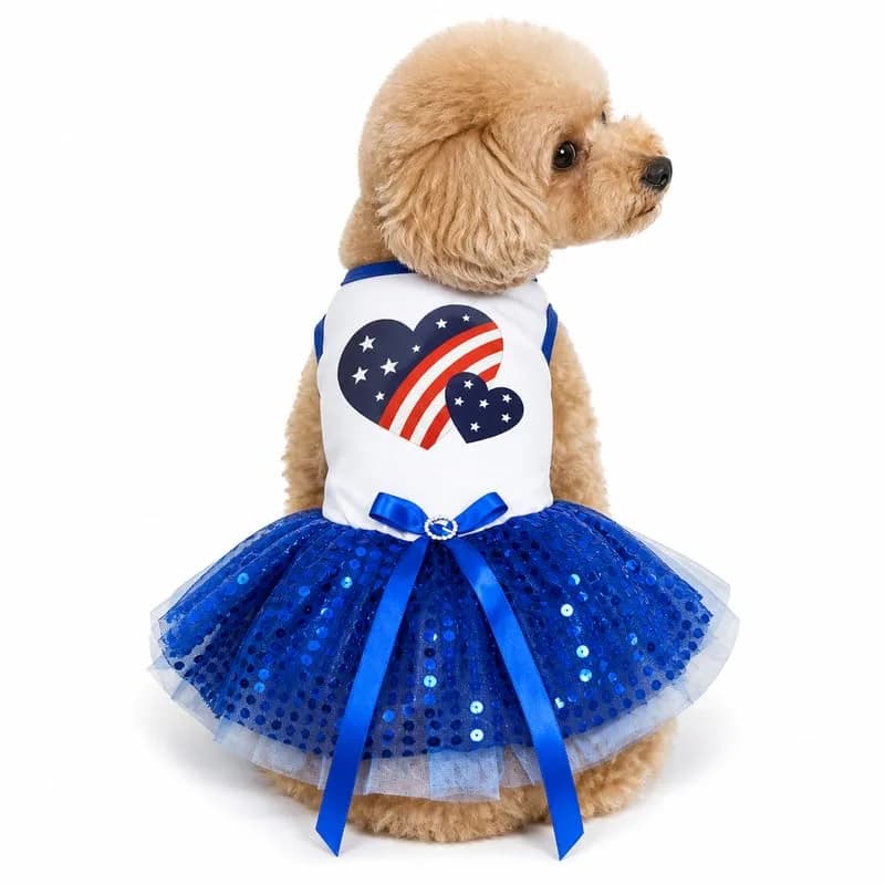 Petitebella USA Twins Heart Puppy Dog Dress (White/Blue Sequins) | Patriotic Pet Apparel for Small Dogs thumbnail 2