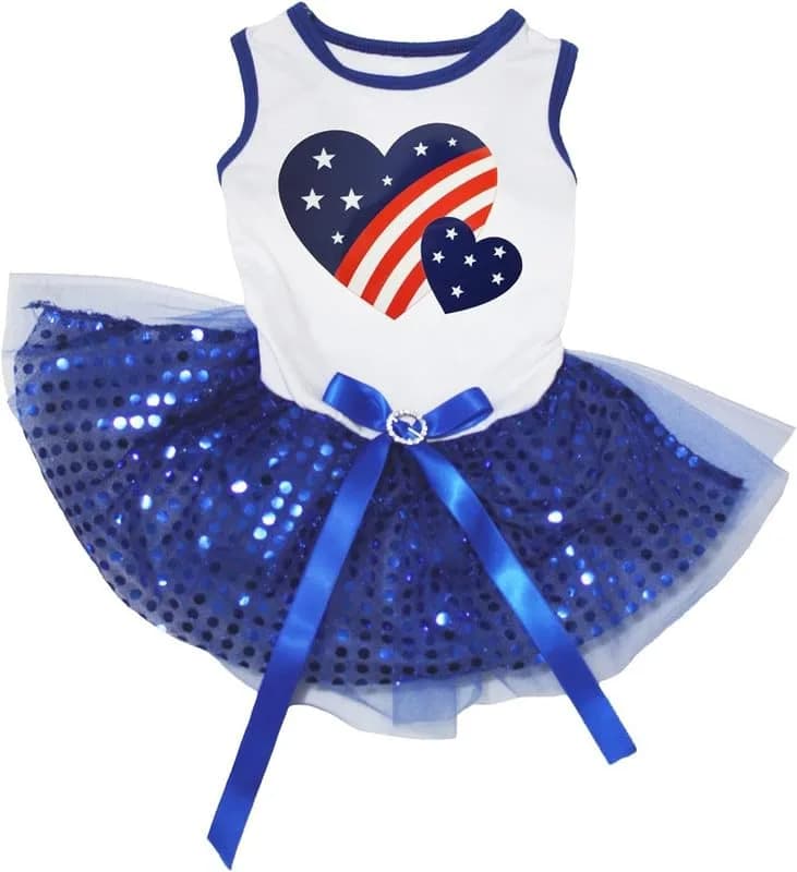 Petitebella USA Twins Heart Puppy Dog Dress (White/Blue Sequins) | Patriotic Pet Apparel for Small Dogs thumbnail 4