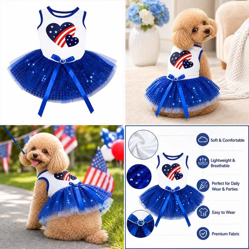 Petitebella USA Twins Heart Puppy Dog Dress (White/Blue Sequins) | Patriotic Pet Apparel for Small Dogs thumbnail 7