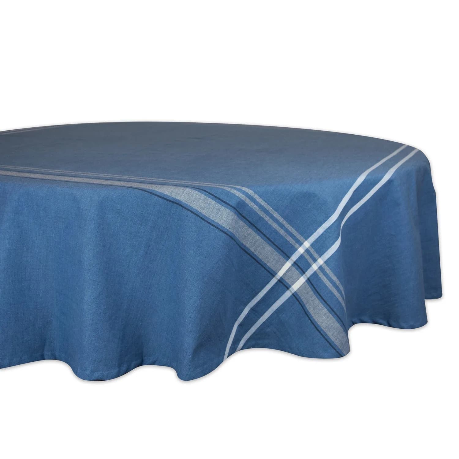 DII French Stripe Farmhouse Style Round Tablecloth 70 Inches | Elegant Cotton Cover for Dining — Blue Chambray