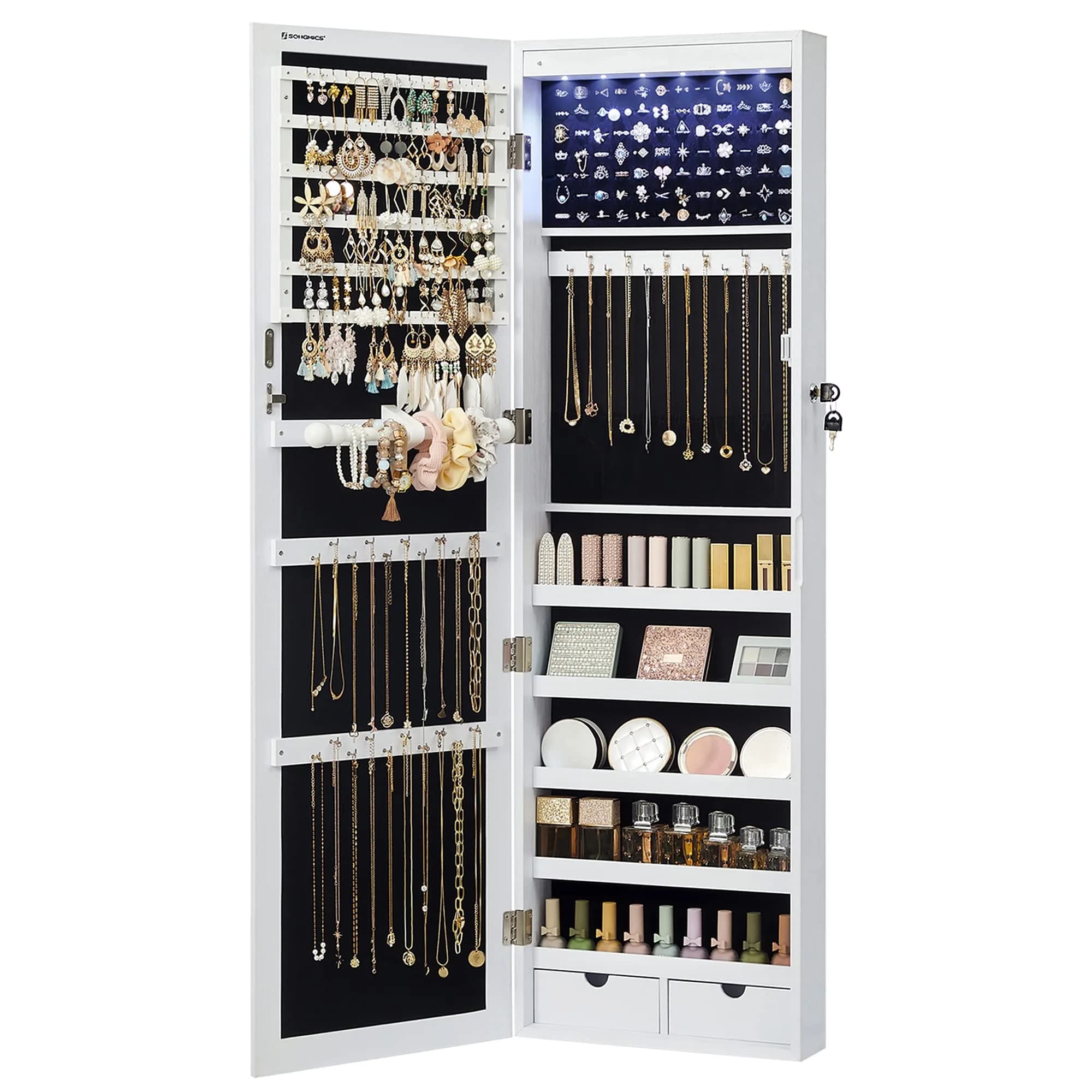 SONGMICS Jewelry Storage Cabinet with Mirror, 47.2" Tall, Wall or Door Mount, White | Large Capacity with LED Lights - main product image