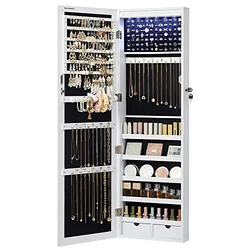 SONGMICS Jewelry Storage Cabinet with Mirror, 47.2" Tall, Wall or Door Mount, White | Large Capacity with LED Lights thumbnail 1