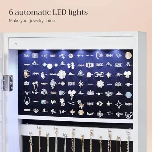 SONGMICS Jewelry Storage Cabinet with Mirror, 47.2" Tall, Wall or Door Mount, White | Large Capacity with LED Lights thumbnail 4