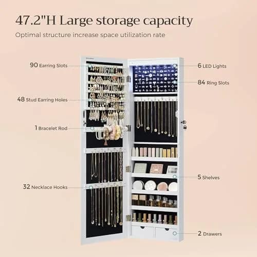 SONGMICS Jewelry Storage Cabinet with Mirror, 47.2" Tall, Wall or Door Mount, White | Large Capacity with LED Lights thumbnail 5