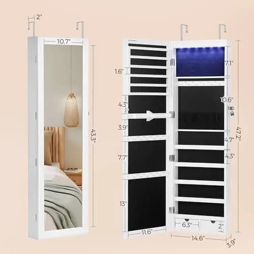 SONGMICS Jewelry Storage Cabinet with Mirror, 47.2" Tall, Wall or Door Mount, White | Large Capacity with LED Lights thumbnail 6