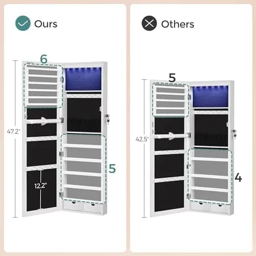 SONGMICS Jewelry Storage Cabinet with Mirror, 47.2" Tall, Wall or Door Mount, White | Large Capacity with LED Lights thumbnail 7