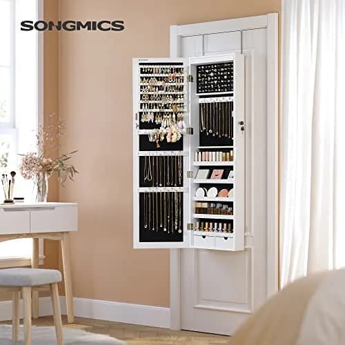 SONGMICS Jewelry Storage Cabinet with Mirror, 47.2" Tall, Wall or Door Mount, White | Large Capacity with LED Lights thumbnail 2