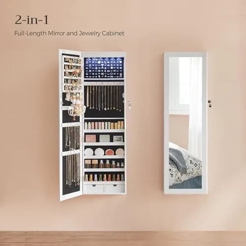 SONGMICS Jewelry Storage Cabinet with Mirror, 47.2" Tall, Wall or Door Mount, White | Large Capacity with LED Lights thumbnail 3