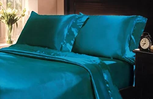 MK Home Full Size Satin Sheet Set | Silky, Deep Pocket, Turquoise, Machine Washable thumbnail 2