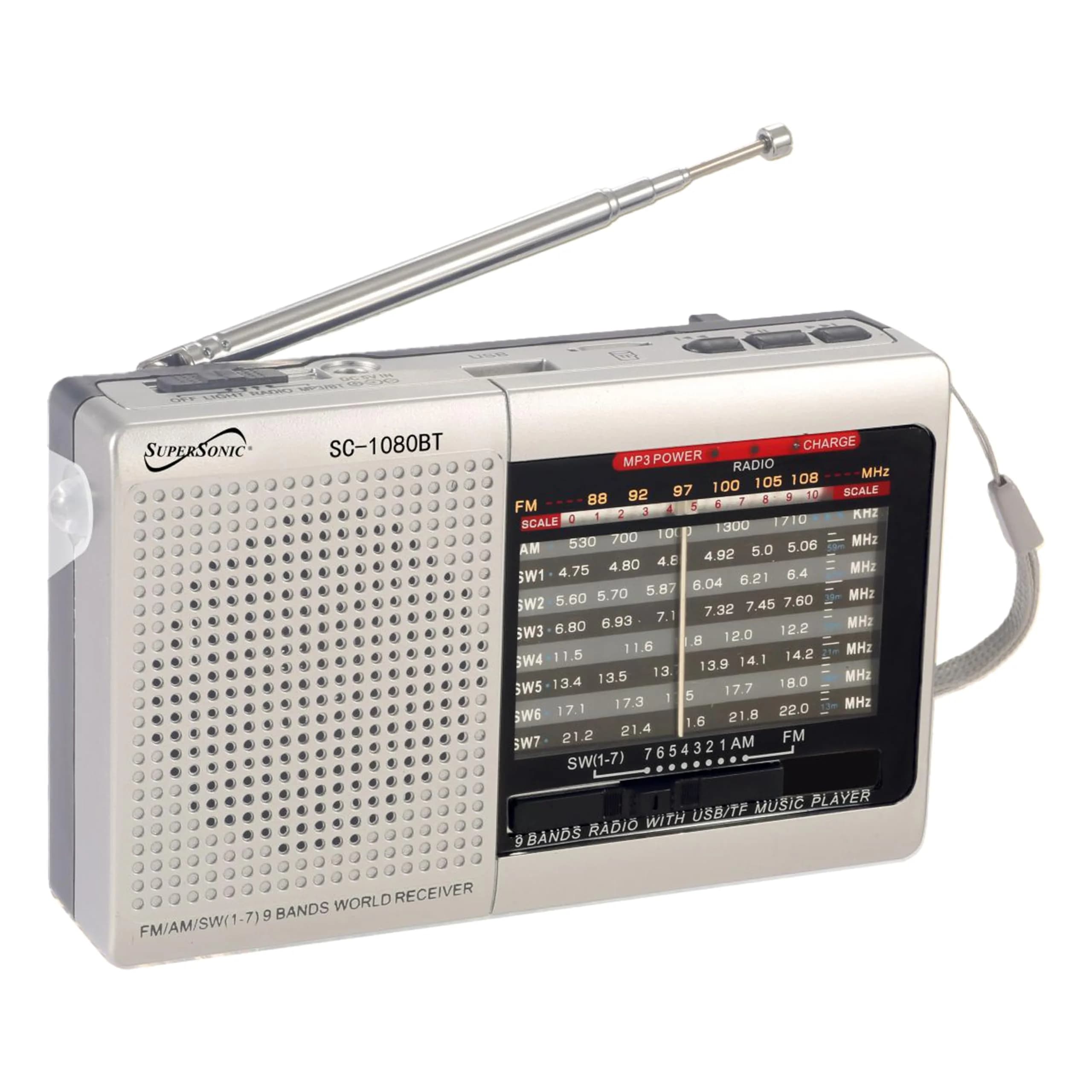 Supersonic SC-1080BT 9-Band Radio with Bluetooth, USB/SD, Torch Light, Rechargeable Battery | Portable Stereo Speaker - main product image