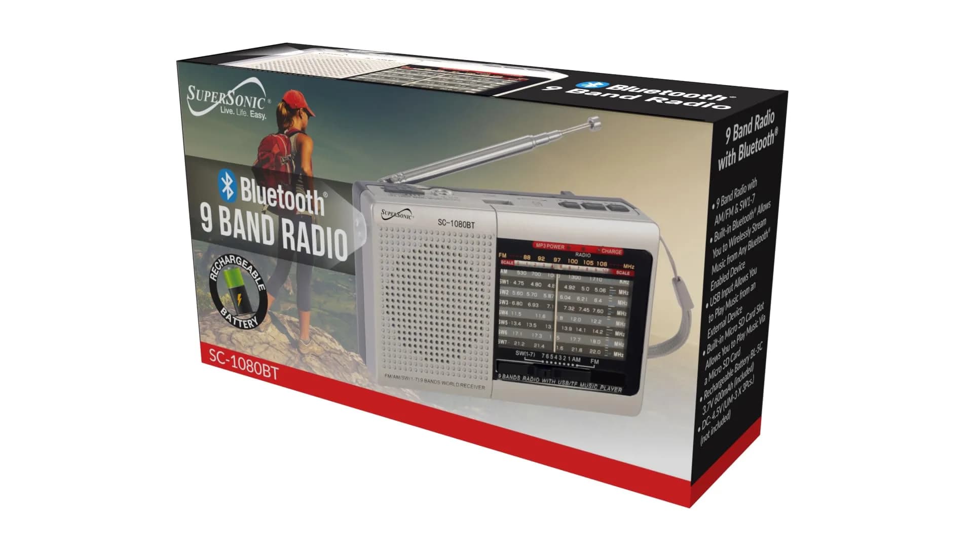 Supersonic SC-1080BT 9-Band Radio with Bluetooth, USB/SD, Torch Light, Rechargeable Battery | Portable Stereo Speaker - view 2
