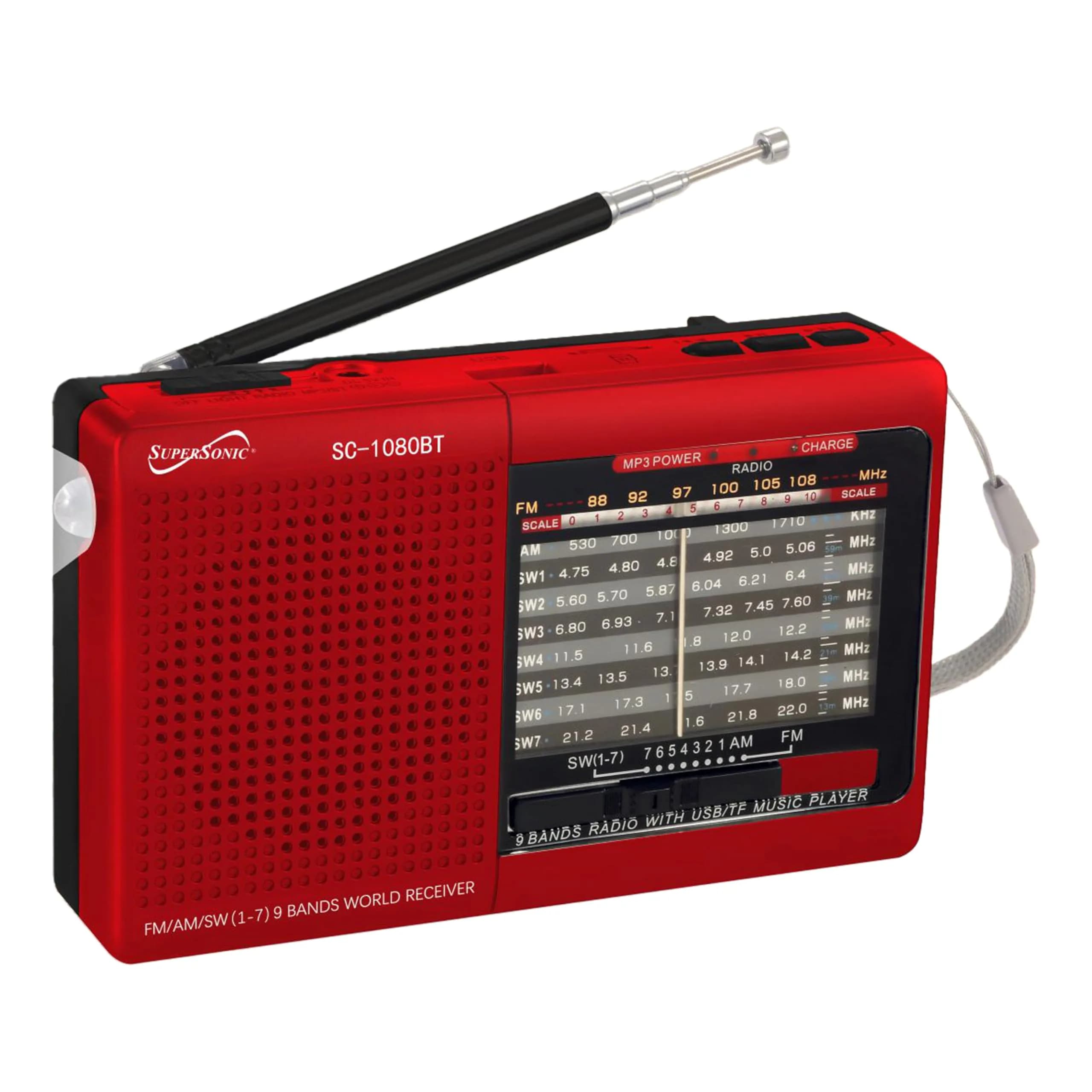 Supersonic SC-1080BT Retro Bluetooth Radio | AM/FM/SW 9-Band Portable Stereo with USB, SD Card, Torch & Rechargeable Battery - main product image
