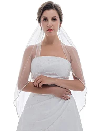 SAMKY Double Row Wavy Pearl Crystal Edge Bridal Veil - Light Ivory Fingertip 36" (91.44 cm) thumbnail 1