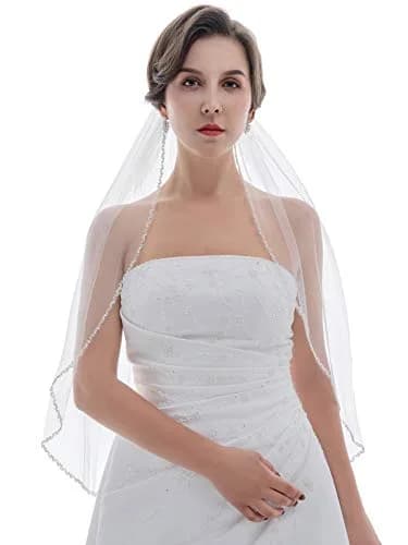 SAMKY Double Row Wavy Pearl Crystal Edge Bridal Veil - Light Ivory Fingertip 36" (91.44 cm) thumbnail 2