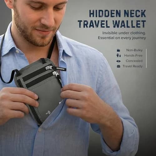 Zero Grid RFID Travel Neck Wallet, Large Passport Holder, Light Grey | Water-Resistant Nylon, RFID Shield thumbnail 5