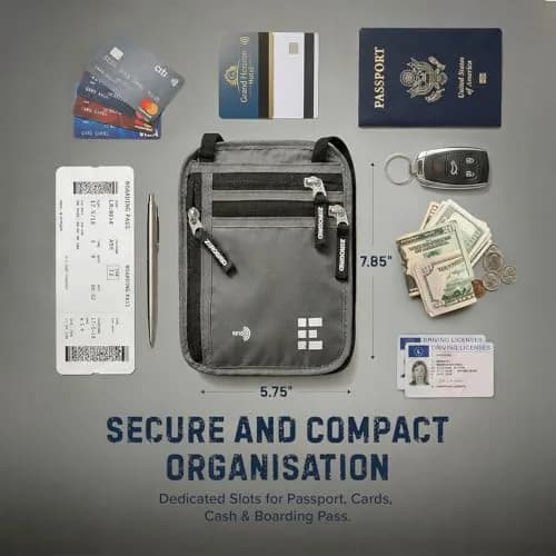 Zero Grid RFID Travel Neck Wallet, Large Passport Holder, Light Grey | Water-Resistant Nylon, RFID Shield thumbnail 2
